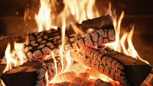 Bright orange flames dancing over burning wooden logs inside a cozy stone fireplace at night