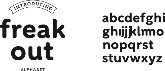 Fototapeta premium Bold sans serif typeface with the words freak out and alphabet letters on white background
