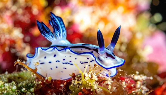 Delicate white and blue nudibranch with intricate patterns crawls across colorful coral reef underwater