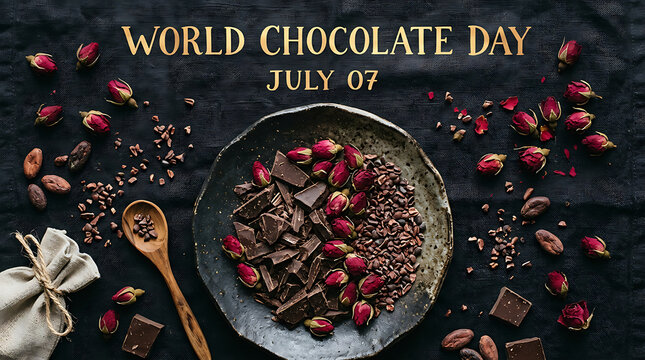 Artisanal chocolate bar with rose petals and cacao nibs for world chocolate day