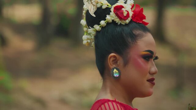 Detail of Traditional Makeup and Hair of Indonesian Dancer