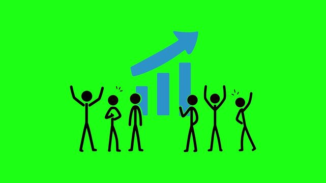Animated stick figures celebrating financial growth while pointing at rising blue bar charts in a dynamic motion sequence designed for business presentations and corporate branding projects requiring 