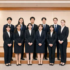 Fototapeta premium 日本の企業の内定式・入社式の集合写真（リクルートスーツ姿の新人ビジネスマンたち ）～Japanese business persons joining ceremony