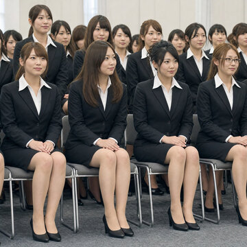 日本の企業の内定式・入社式の集合写真（リクルートスーツ姿の新人ビジネスマンたち ）～Japanese business persons joining ceremony