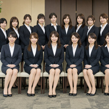 日本の企業の内定式・入社式の集合写真（リクルートスーツ姿の新人ビジネスマンたち ）～Japanese business persons joining ceremony