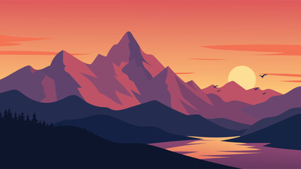 Scenic Mountain Valley Landscape with Winding River and Big Sun at Sunset Flat Vector Illustration Background © Zafaaa