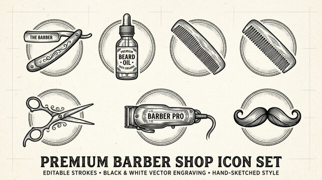Premium Barber Shop Icon Set Vintage Style.