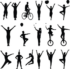 Black silhouettes of circus performers, acrobats, unicyclists, and dancers isolated on white background, street festival artists collection, minimalist vector carnival entertainment illustration © Arifuxxaman