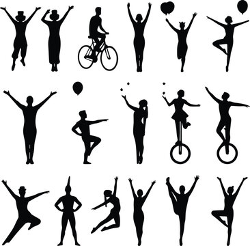 Black silhouettes of circus performers, acrobats, unicyclists, and dancers isolated on white background, street festival artists collection, minimalist vector carnival entertainment illustration
