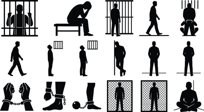 Prisoner and Jail Silhouette Collection with Inmate Poses, Handcuffs, Prison Bars, and Criminal Detention Vector Icons Set