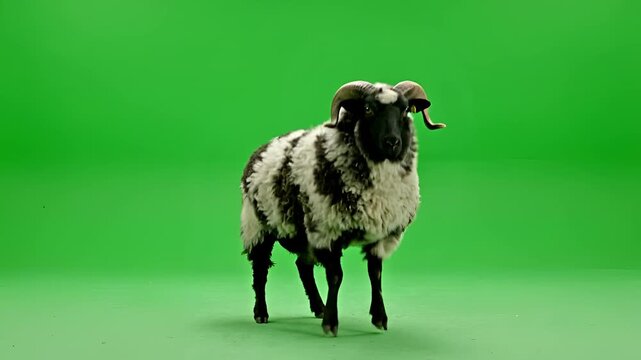 A Black and White Sheep Stands on a Green Screen Background.