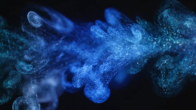 Abstract blue ink cloud flowing in water against dark black background for artistic texture and cinematic visual effect