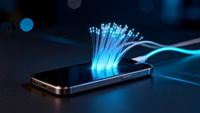 Smartphone with glowing fiber optic cable