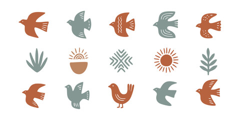 Boho hand drawn minimalist bird sun and leaf icons in folk art style with earthy tones © Dumai777