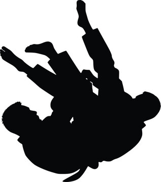 Two martial artists practicing brazilian jiu jitsu or judo grappling combat maneuvers on the ground isolated black silhouette vector illustration.