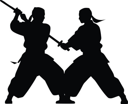 Two martial artists in traditional hakama attire practicing Japanese swordsmanship kendo or kenjutsu with bokken wooden training swords isolated silhouette illustration.