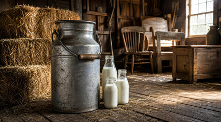 Obraz premium Fresh milk in glass bottles and metal can on old wooden floor