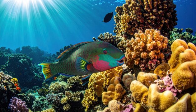 Colorful parrotfish with distinctive beak feeding on vibrant coral reef in sunlit ocean waters