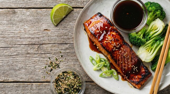Teriyaki salmon top view food photography on rustic wooden table background