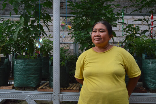 Close up portrait of an Asian woman smiling subtly while standing next to homegrown chili plants on a lightweight steel rack shelf.