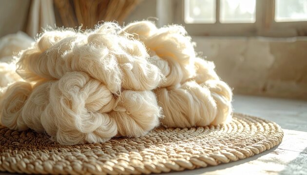 Piles of soft, unprocessed raw wool fibers with a fluffy, off-white texture resting on a woven mat