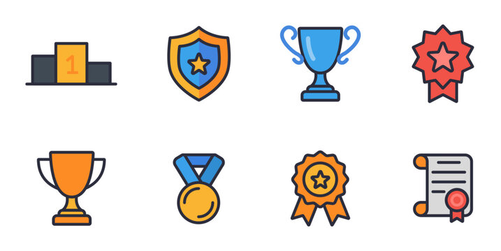 Achievement and award icon collection featuring trophies medals certificates shields podiums and winner badges for success recognition and competition design projects