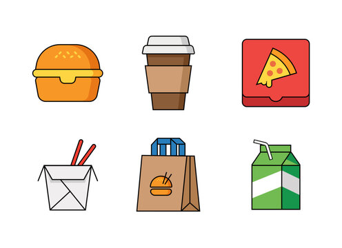 Fast food and takeaway icon collection featuring burger coffee pizza noodle shopping bag and milk carton illustrations for restaurant delivery and cafe branding projects