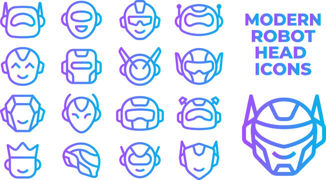 Modern robot head icons with gradient outline vector graphics on white background.