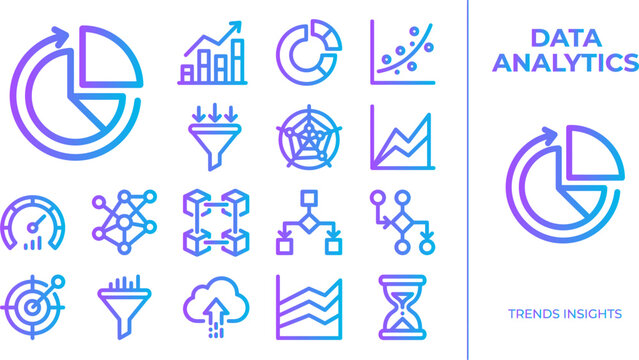 Data analytics icons set gradient purple blue modern design vector collection.