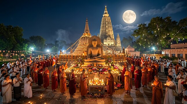 Monks Lighting Candles at Buddha Temple in Bodh Gaya, India, Night Event with Spiritual Atmosphere