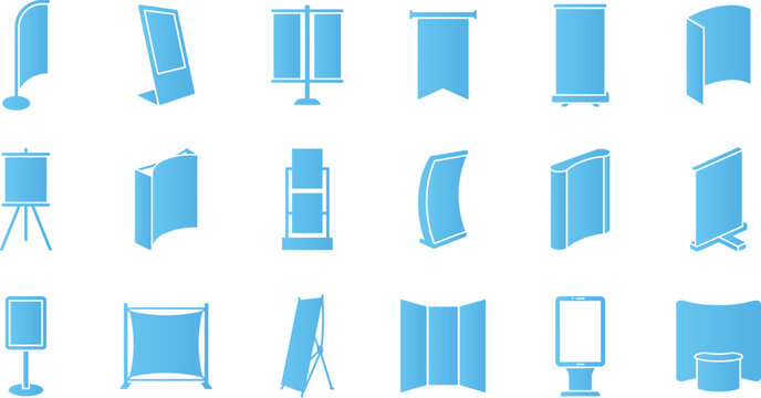 Set of 20 blue advertising and promotional stand icons for marketing campaigns.