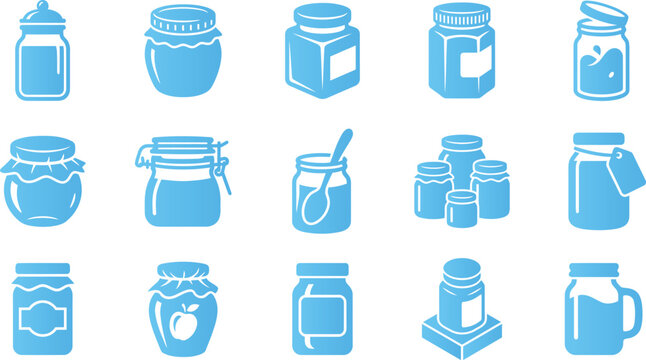 Assorted glass jars and containers set for food storage and preservation kitchen supplies.