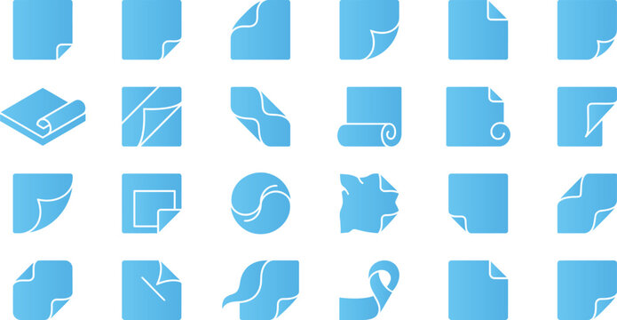 Paper sheet stickers and sticky note icons with folded corners in flat blue vector style.
