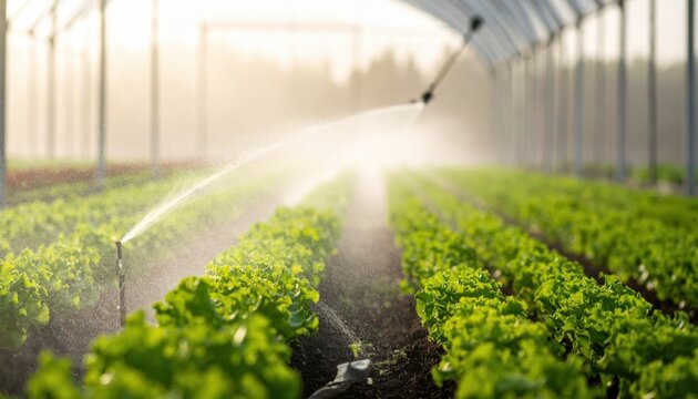 Rows of young lettuce plants being watered by a misting irrigation system in a sunny greenhouse