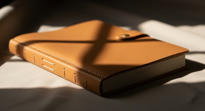 a tan leather journal with fine stitching and cream