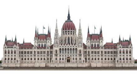 Obraz premium Hungarian Parliament Building in Budapest Isolated on White Background - Neo-Gothic Architectural Landmark