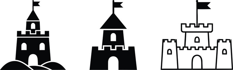 Set of three simple black and white castle icons for design projects isolated on transparent background, isolated on white background, Vector © Faozia_Akter_Tasnim