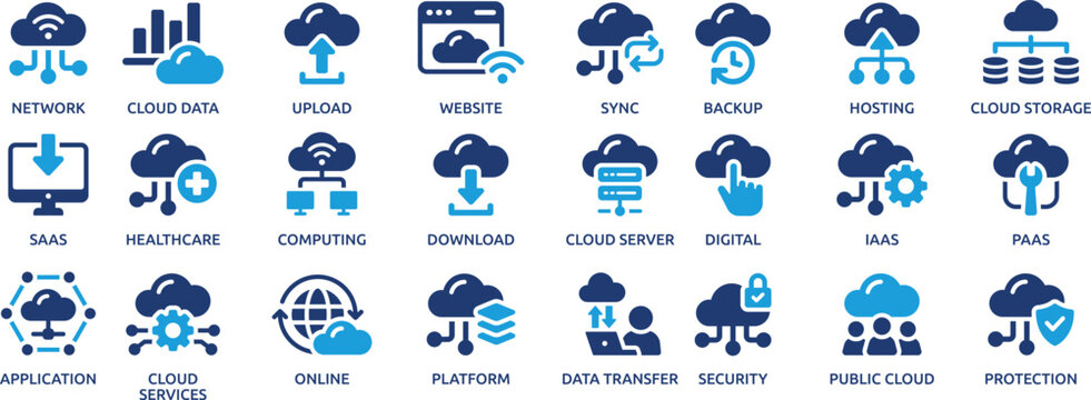 Cloud Services and Data Storage Blue Technology Icons Set for Hosting Security Computing and Online Platforms