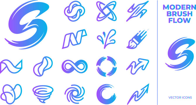 Modern brush flow icons set abstract shapes curves strokes splashes paint art creative dynamic fluid letter s.