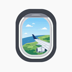 Fototapeta premium View from airplane window of coastal landscape with wing and engine