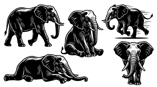 Black and white elephant illustrations in various poses and resting positions line art