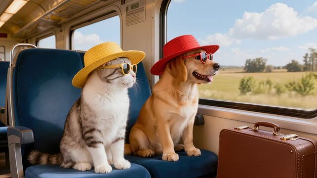 Funny cat and dog in colorful hats and sunglasses enjoying a train journey with luggage through a sunny rural landscape happily today.