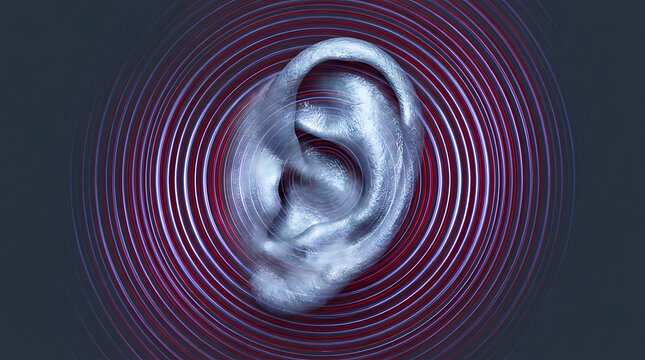 Abstract illustration of a human ear surrounded by glowing sound waves or concentric frequency circles symbolizing hearing loss, tinnitus and auditory processing.