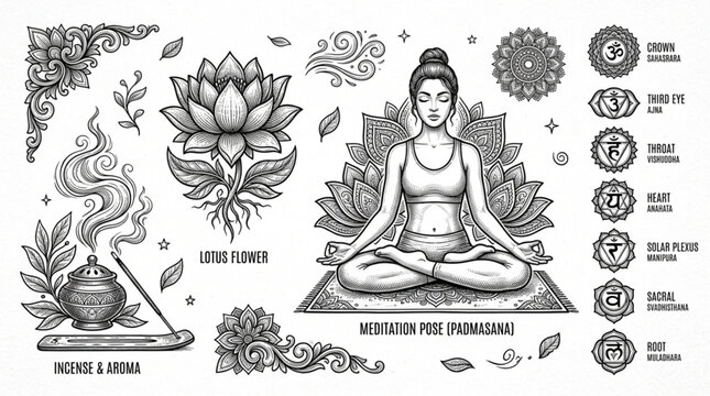 Meditating woman with chakras and lotus flower illustration.