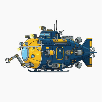 Blue and yellow submersible research vessel with robotic arm and lights
