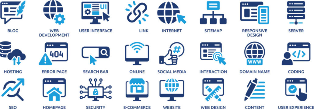 Web Development and Digital Marketing Blue Technology Icons Set for SEO UI Design Coding and Online Services