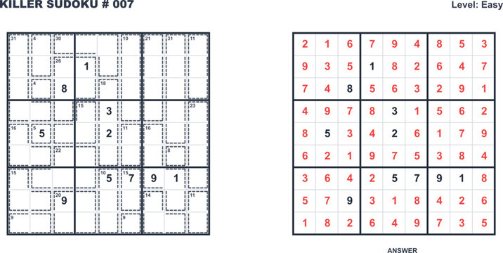 9x9 Killer Sudoku Puzzle Grid #007 and Solution Set
