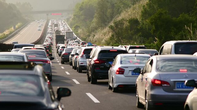 Heavy Traffic Jam on Busy Highway in China