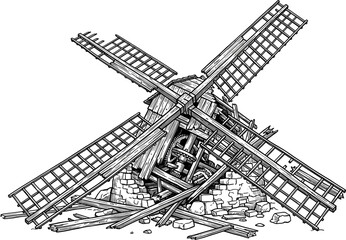 Fototapeta premium Broken and ruined windmill structure collapsing on the ground