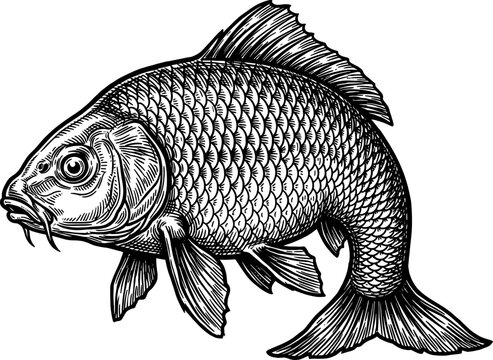 Carp fish swimming with detailed scales vintage engraving